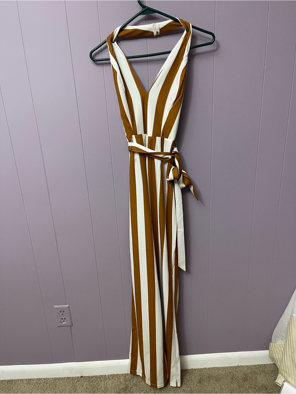 Dress day Boutique Striped Halter Jumpsuit in Mustard & Cream